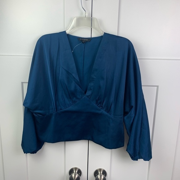 Banana Republic Factory Size 14 Satin Blouse Cropped Balloon Sleeve Blue - Picture 2 of 10